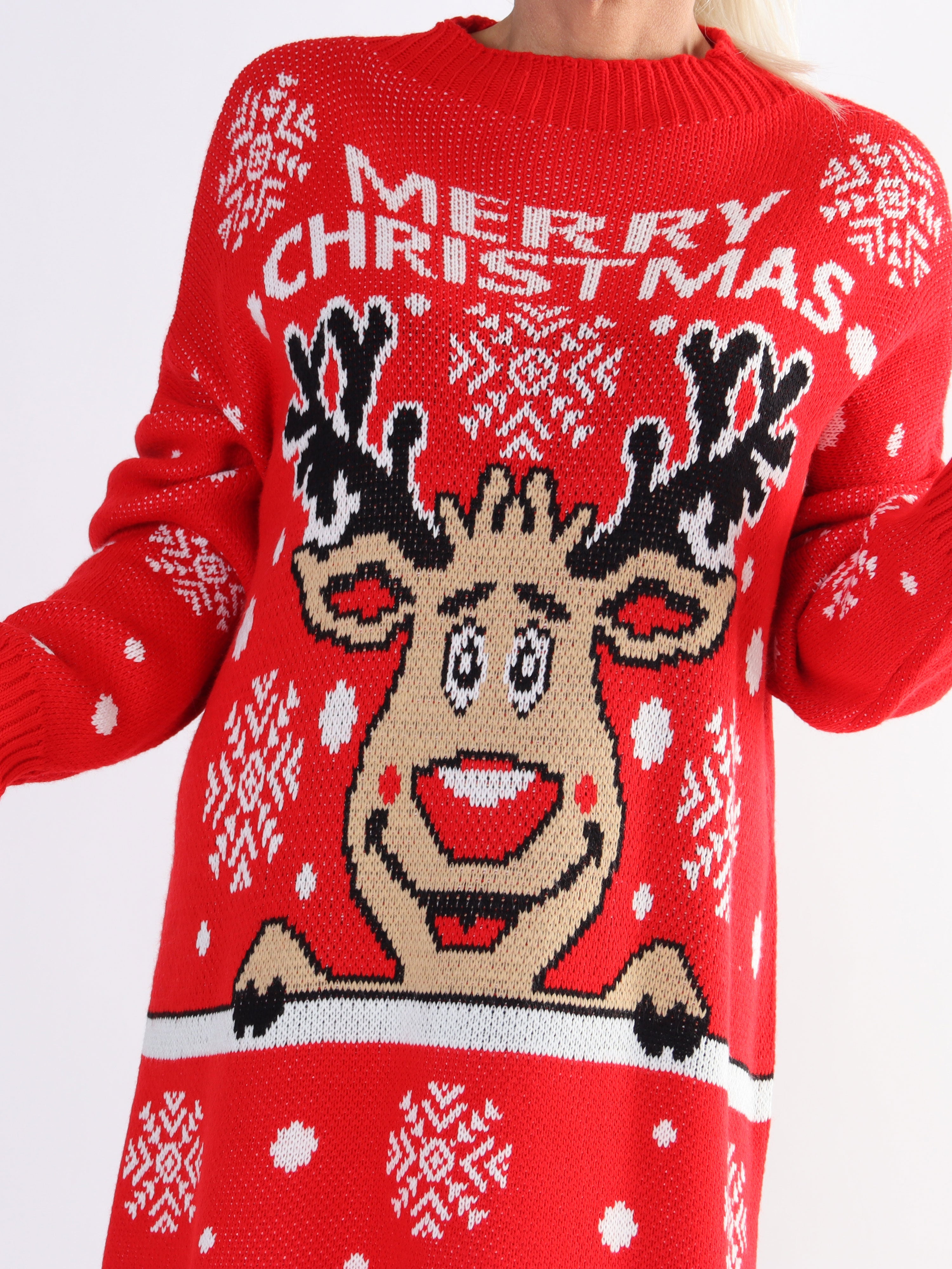 Rudolf - Stickad julklänning i plus size med rudolfmotiv